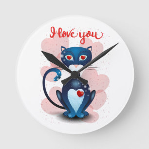 Zwarte kat in liefde ronde klok