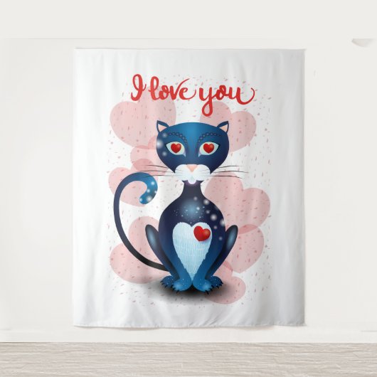 Zwarte kat in liefde wandkleed (Voorkant)