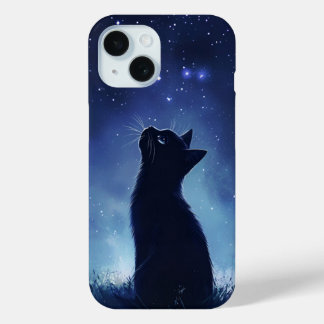 Zwarte kat in magische sterrenweide iPhone 15 case