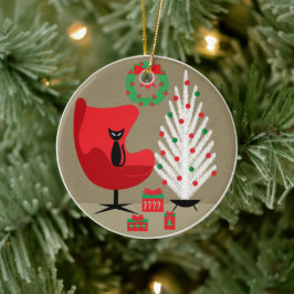 Zwarte kat in mid century kerstkamer keramisch ornament