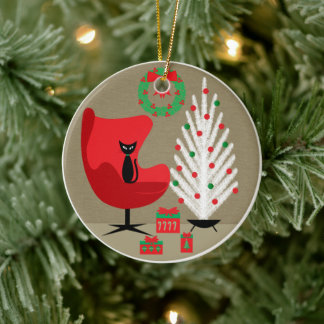 Zwarte kat in mid century kerstkamer keramisch ornament