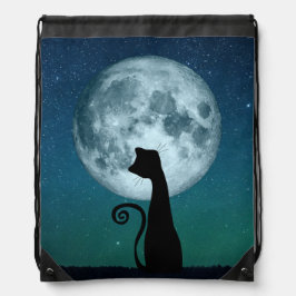 Zwarte kat in Moonlight Drawstring Rugzak