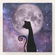 Zwarte kat in Moonlight Roze/Paarse Onderzetter