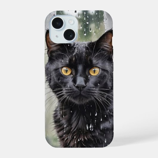 Zwarte Kat In Nat Raam iPhone 15 Case (Achterkant)