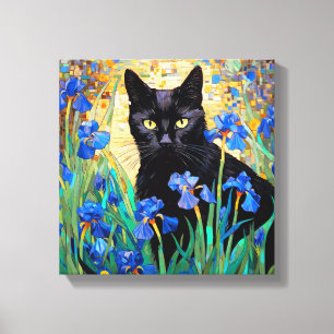 Zwarte kat in Paarse iris kunst Canvas Afdruk