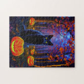Zwarte kat in pompoenbos tijdens Halloween Legpuzzel (Horizontaal)