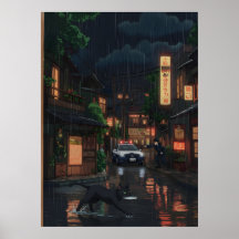 Zwarte Kat in Regenachtige Neon Japanse Straat Ani