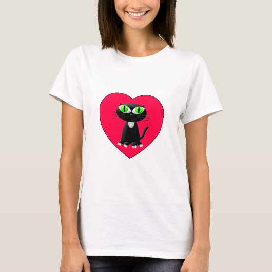 Zwarte Kat In Rode Hart T-shirt (Voorkant)