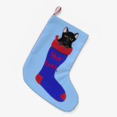 Zwarte kat in rood en blauw kerstcadeautje kleine kerstsok (Voorkant (Hangend))