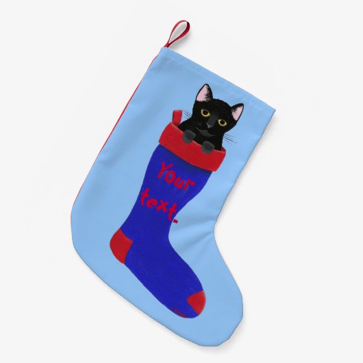 Zwarte kat in rood en blauw kerstcadeautje kleine kerstsok (Voorkant (Hangend))