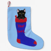 Zwarte kat in rood en blauw kerstcadeautje kleine kerstsok (Voorkant)