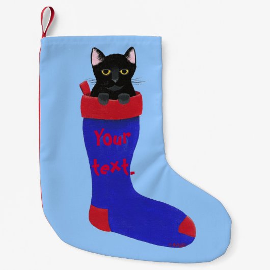 Zwarte kat in rood en blauw kerstcadeautje kleine kerstsok (Voorkant)