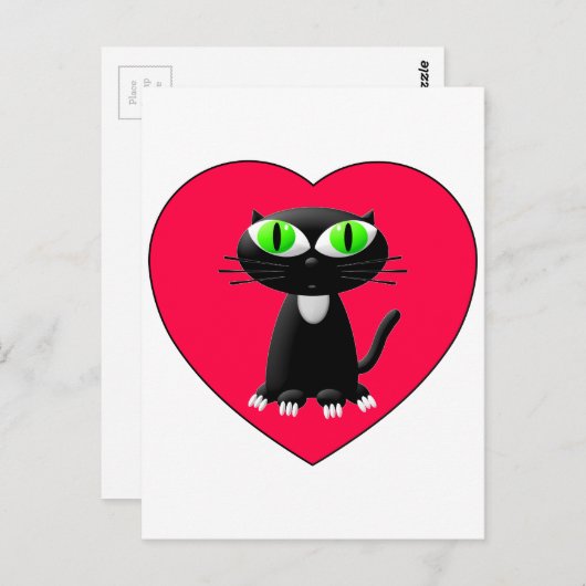 Zwarte kat in rood hart briefkaart (Voorkant / Achterkant)
