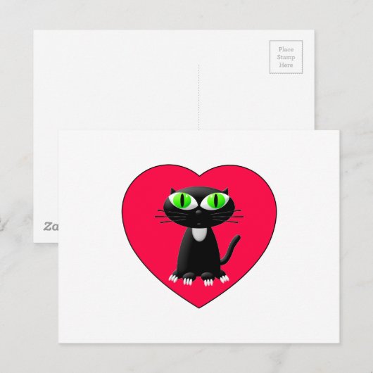 Zwarte kat in rood hart briefkaart (Voorkant / Achterkant)