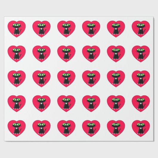 Zwarte kat in rood hart cadeaupapier (Vlak)