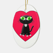 Zwarte kat in rood hart keramisch ornament (Links)