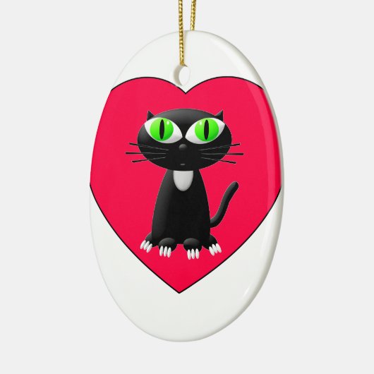 Zwarte kat in rood hart keramisch ornament (Links)