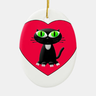 Zwarte kat in rood hart keramisch ornament