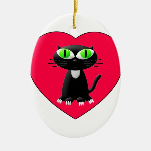 Zwarte kat in rood hart keramisch ornament (Voorkant)