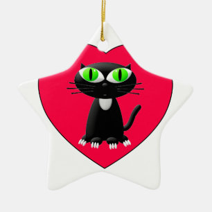 Zwarte kat in rood hart keramisch ornament