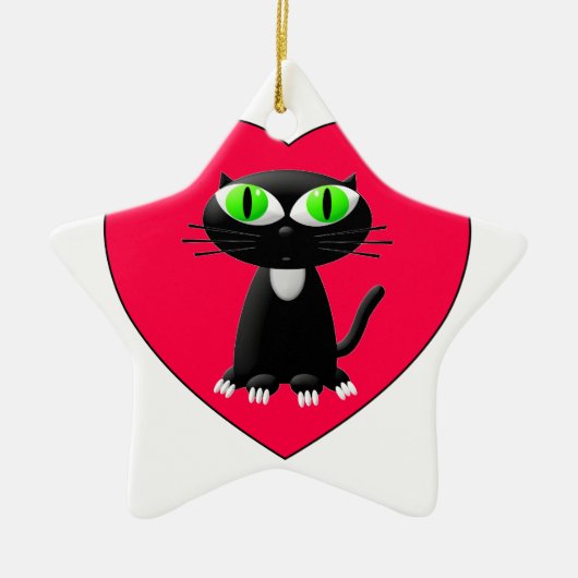Zwarte kat in rood hart keramisch ornament (Voorkant)