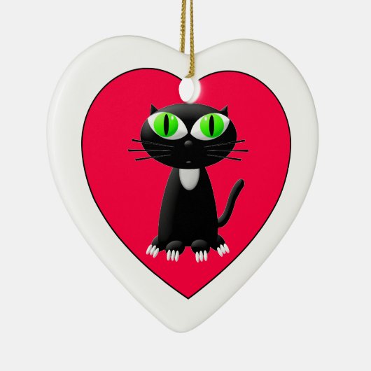 Zwarte kat in rood hart keramisch ornament (Rechts)