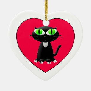 Zwarte kat in rood hart keramisch ornament