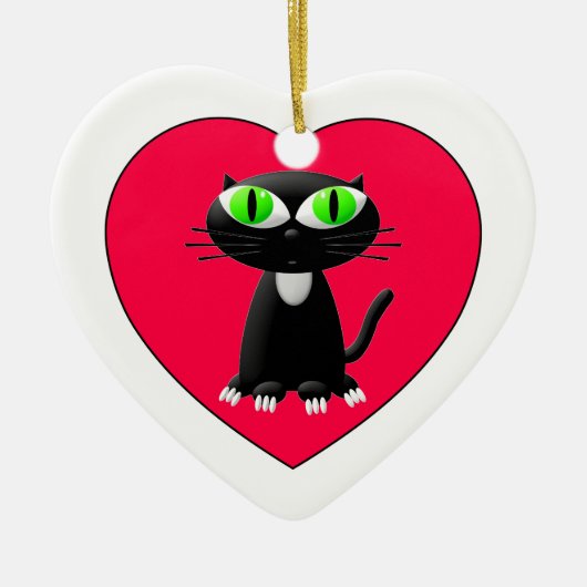 Zwarte kat in rood hart keramisch ornament (Voorkant)