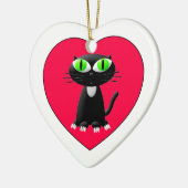 Zwarte kat in rood hart keramisch ornament (Links)