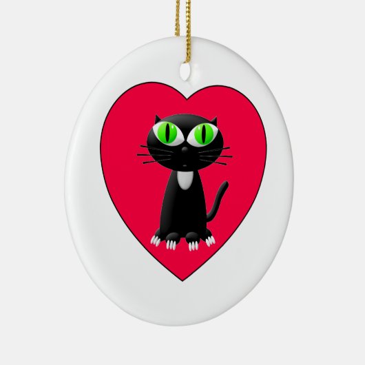 Zwarte kat in rood hart keramisch ornament (Rechts)