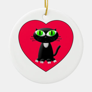 Zwarte kat in rood hart keramisch ornament