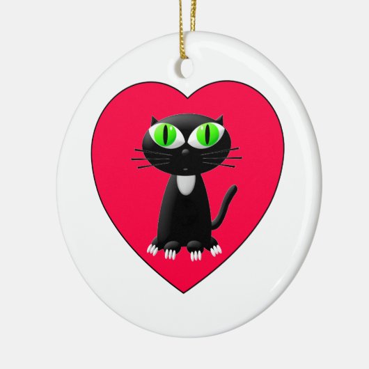 Zwarte kat in rood hart keramisch ornament (Links)