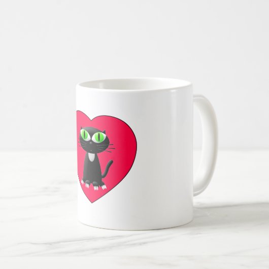 Zwarte kat in rood hart koffiemok (Voorkant rechts)