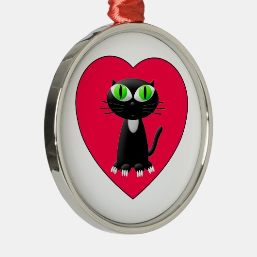 Zwarte kat in rood hart metalen ornament (Rechts)