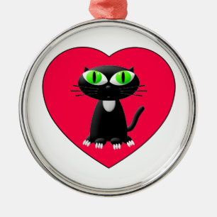 Zwarte kat in rood hart metalen ornament
