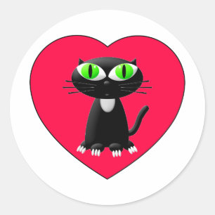 Zwarte kat in rood hart ronde sticker