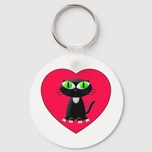 Zwarte kat in rood hart sleutelhanger (Voorkant)