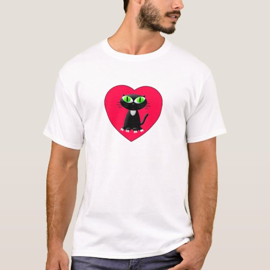 Zwarte kat in rood hart t-shirt (Voorkant)