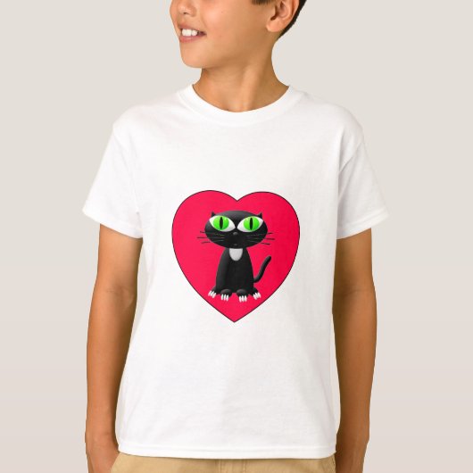 Zwarte kat in rood hart t-shirt (Voorkant)