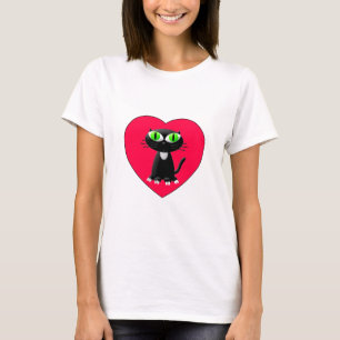 Zwarte kat in rood hart t-shirt