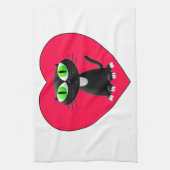 Zwarte kat in rood hart theedoek (Verticaal)