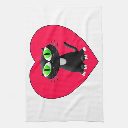 Zwarte kat in rood hart theedoek (Verticaal)