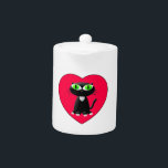 Zwarte kat in rood hart theepot<br><div class="desc">Een schattige cartoon kat in een rood hart.</div>