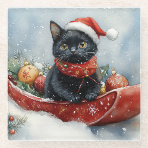 Zwarte Kat in Slede Laat het Sneeuwen Kerstmis Glazen Onderzetter