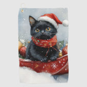 Zwarte Kat in Slede Laat het Sneeuwen Kerstmis Golfhanddoek (Voorkant)