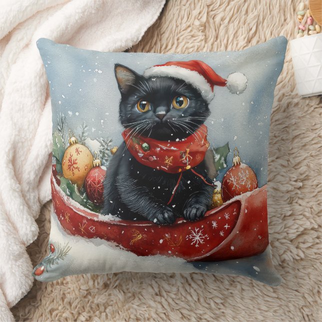 Zwarte Kat in Slede Laat het Sneeuwen Kerstmis Kussen (Deken)