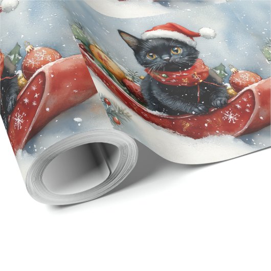 Zwarte kat in slee laat het sneeuwen Kerstmis Cadeaupapier (Rol Hoek)
