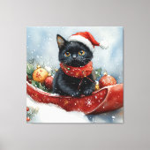 Zwarte kat in slee laat het sneeuwen Kerstmis Canvas Afdruk (Voorkant)