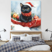 Zwarte kat in slee laat het sneeuwen Kerstmis Canvas Afdruk (Insitu (Slaapkamer))