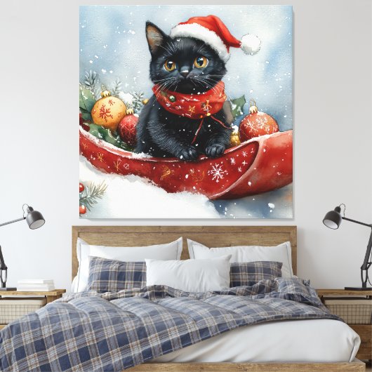 Zwarte kat in slee laat het sneeuwen Kerstmis Canvas Afdruk (Insitu (Slaapkamer))